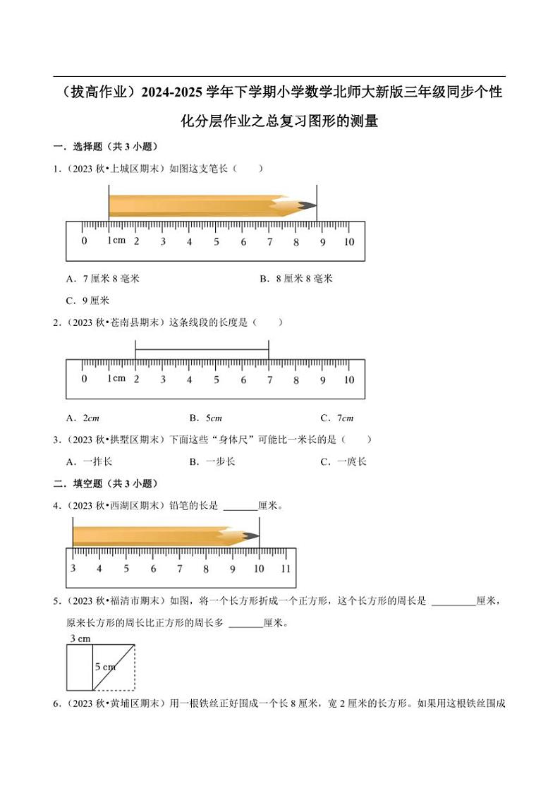 2024~2025学年北师大数学版三年级下册期末练习 总复习图形的测量（拔高作业）第1页