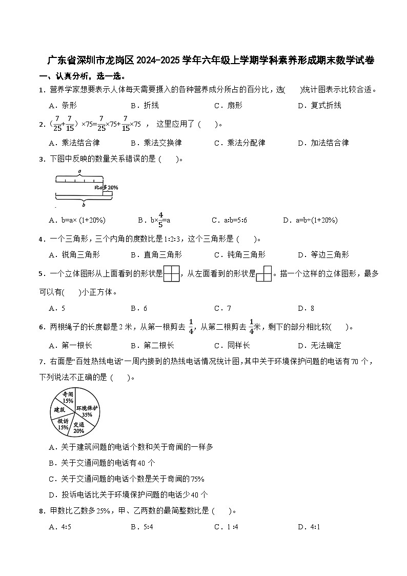 广东省深圳市龙岗区2024-2025学年六年级上学期学科素养形成期末数学试卷第1页