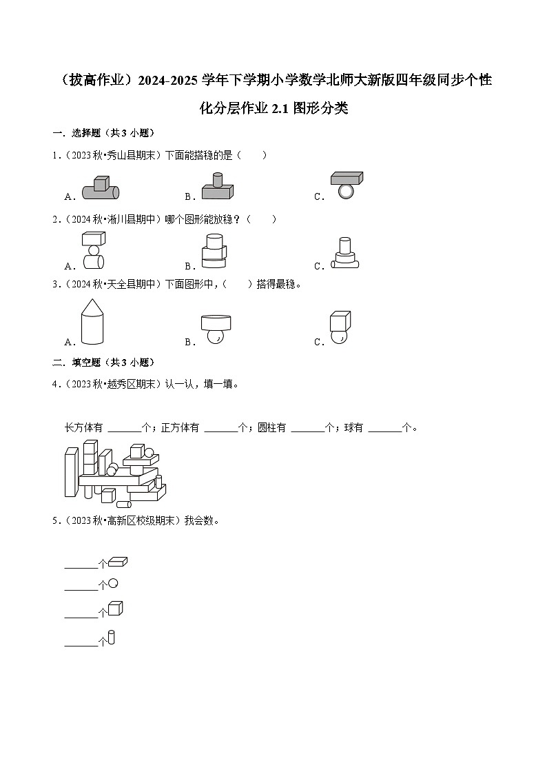 2.1图形分类（拔高作业）2024--2025学年四年级下册数学 北师大版第1页