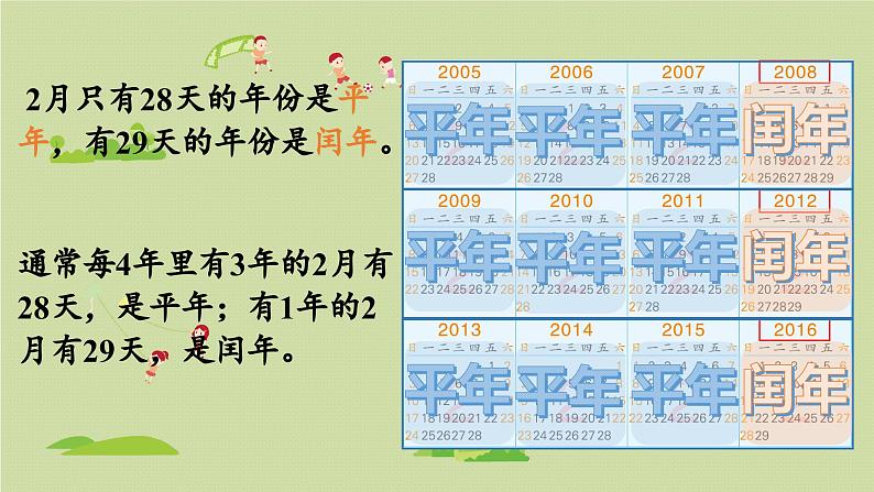 2025春数学苏教版三年级下册第五单元第二课时认识平年、闰年课件第4页