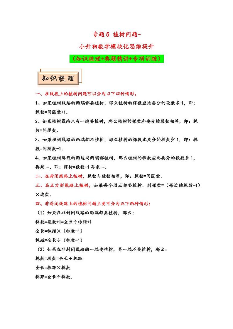 （典型应用题专项讲义）专题5 植树问题-小升初数学模块化思维提升（教师版）（通用版） （专项精编讲义）2024-2025学年小升初数学模块化思维拓展（通用版）第1页