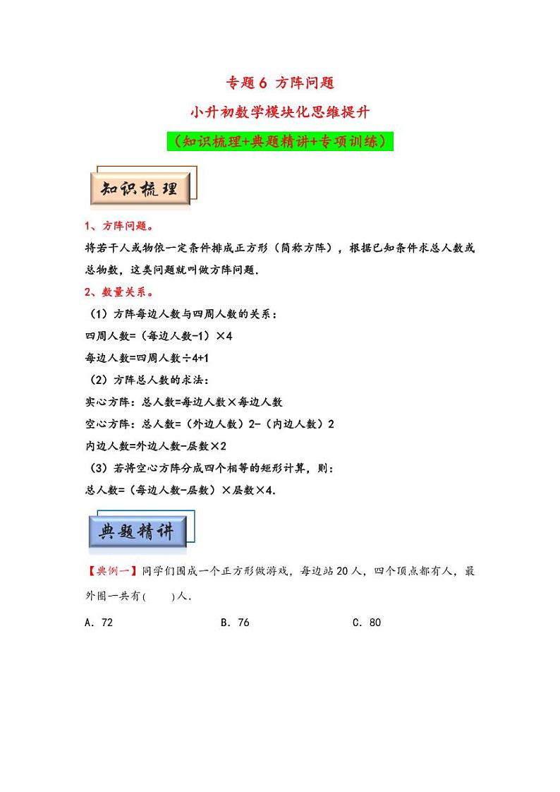 （典型应用题专项讲义）专题6 方阵问题-小升初数学模块化思维提升（学生版）（通用版） （专项精编讲义）2024-2025学年小升初数学模块化思维拓展（通用版）第1页