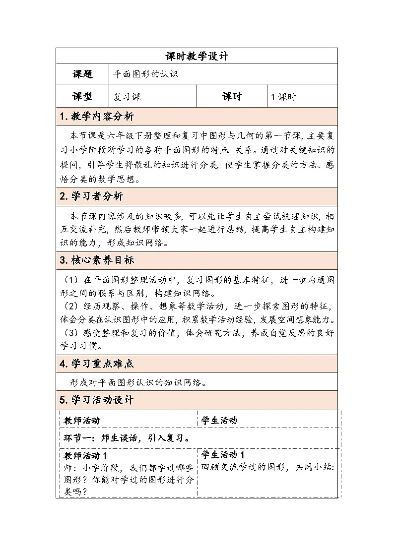 人教版（2024）六年级数学下册第6单元图形与几何第1课时平面图形的认识教学设计第1页