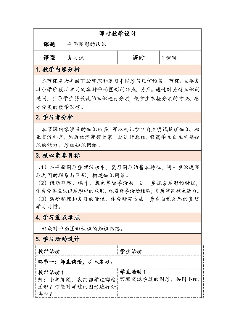 人教版（2024）六年级数学下册第6单元图形与几何第1课时平面图形的认识教学设计第1页