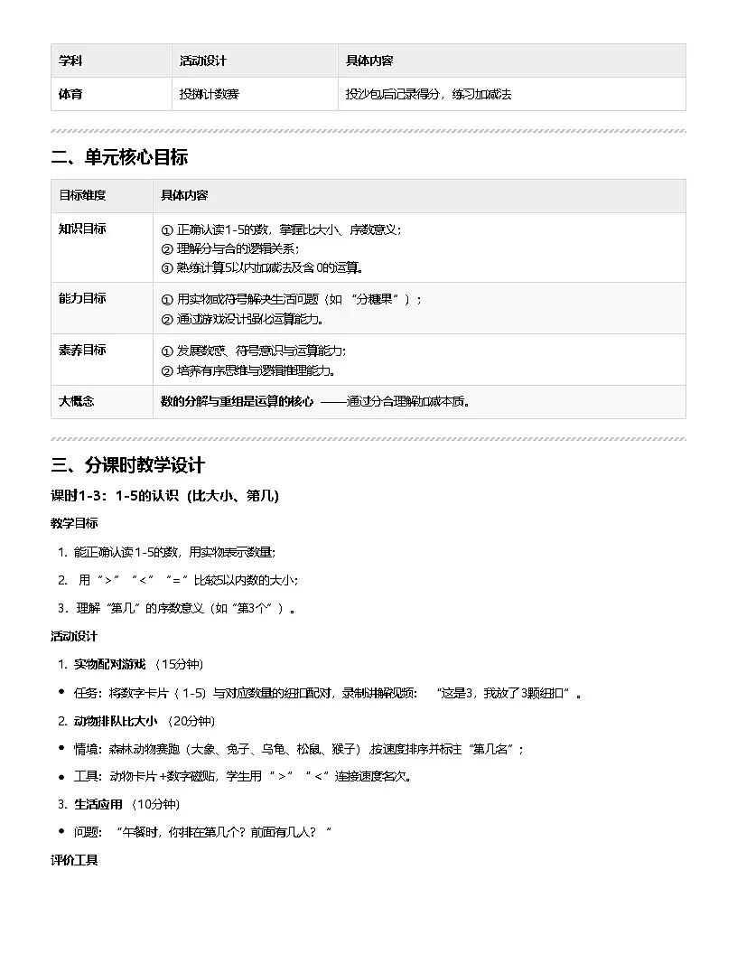 人教版2024版小学数学一年级上册《5以内的数的认识和加、 减法》大单元教学设计第2页
