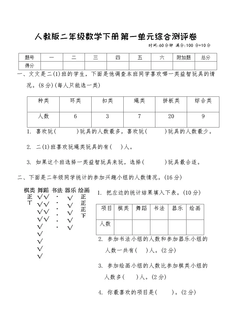 人教版二年级数学下册第一单元综合测评卷（含答案）第1页