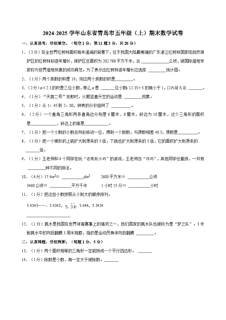 2024-2025学年山东省青岛市五年级（上）期末数学试卷第1页