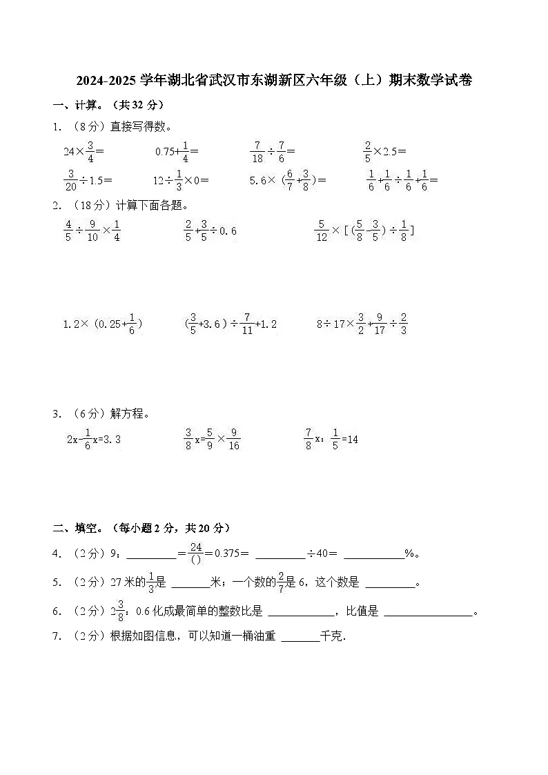 2024-2025学年湖北省武汉市东湖新区六年级（上）期末数学试卷第1页