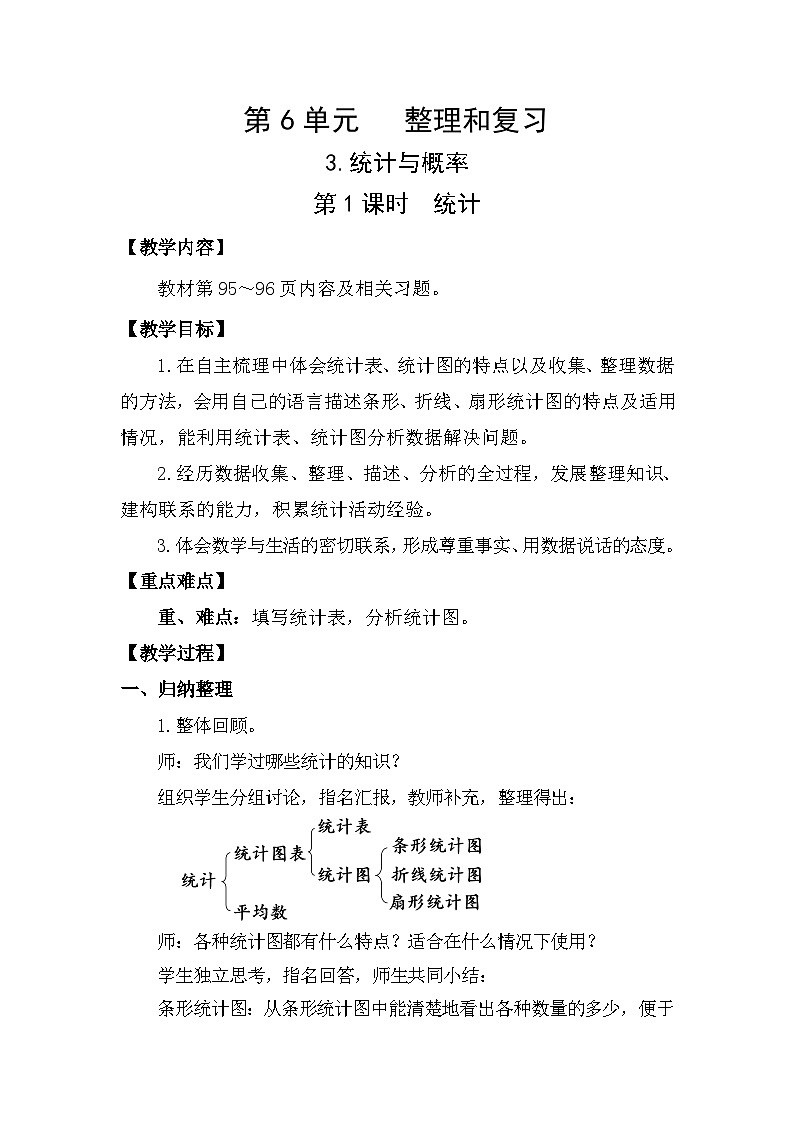 人教版（2024）六年级数学下册第6单元整理和复习-统计与概率第1课时统计教案第1页