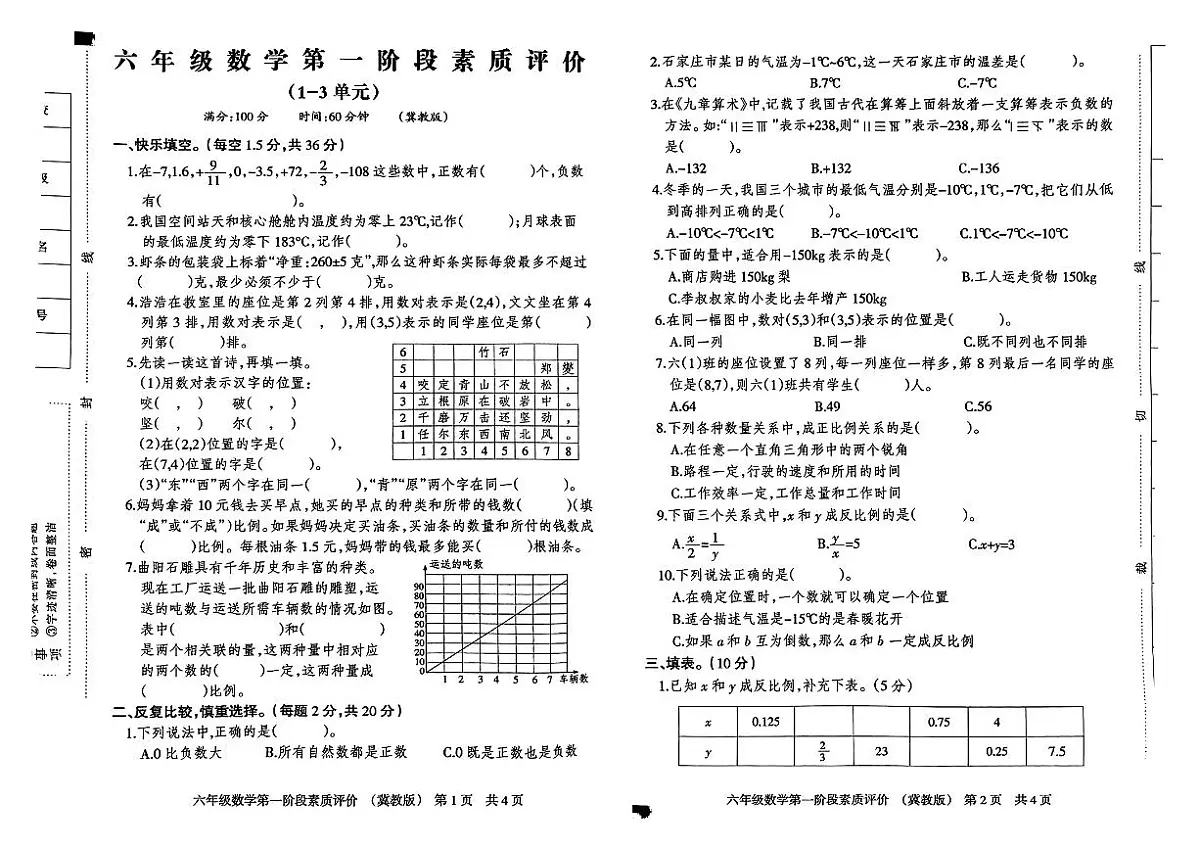 河北省石家庄市裕华区2024-2025学年六年级下学期3月月考数学试题第1页