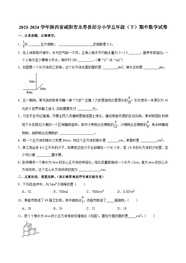 2023-2024学年陕西省咸阳市永寿县部分小学五年级（下）期中数学试卷第1页