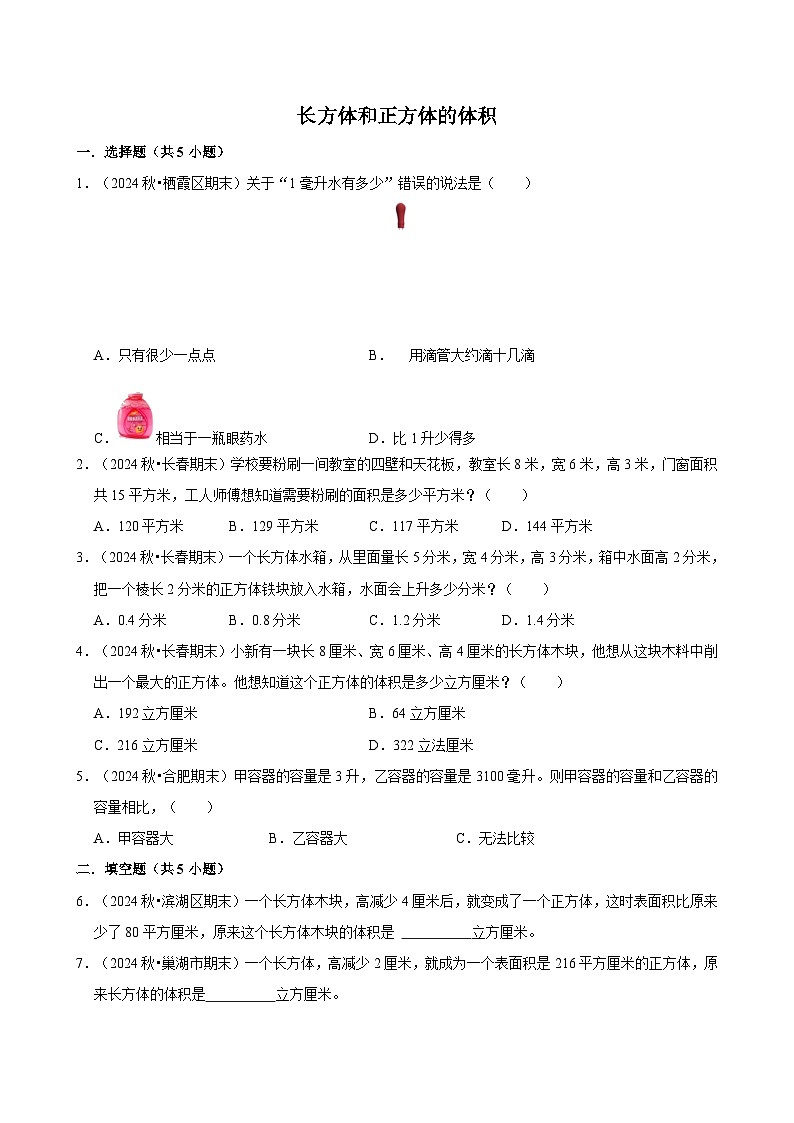 长方体和正方体的体积（专项练习）（含解析）-2024-2025学年五年级数学下册 人教版第1页