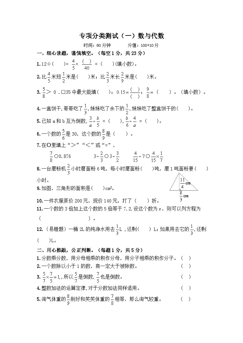 2025年北师大版五年级数学下册核心素养评价专项分类测试（一）数与代数（含答案）第1页