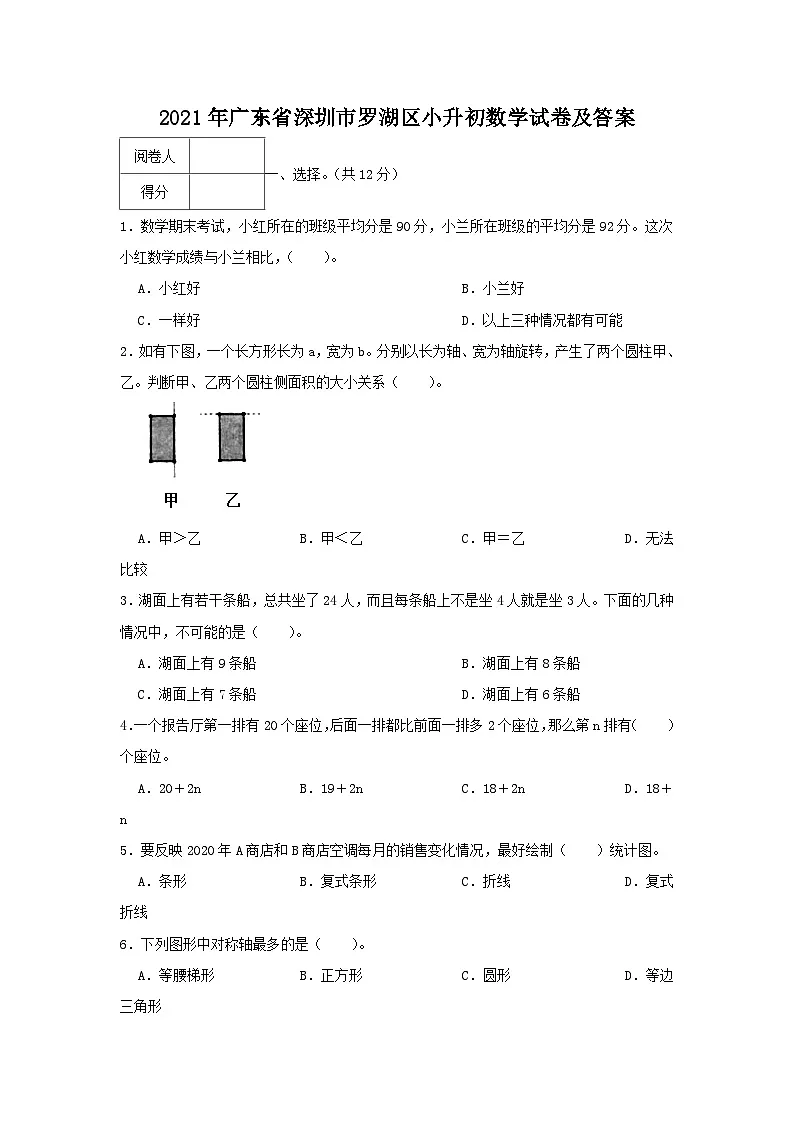 2021年广东省深圳市罗湖区小升初真题数学试卷及答案第1页