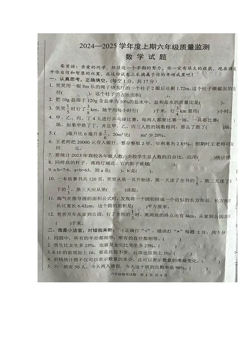 河南省驻马店市新蔡县2024-2025学年六年级上学期期末数学考试卷第1页