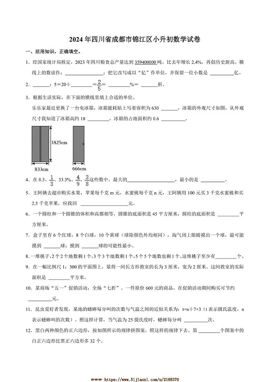 2024年四川省成都市锦江区小升初真题数学试卷(含答案)第1页