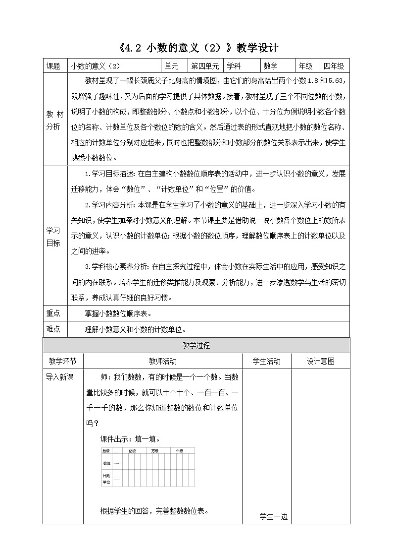 人教版四下4.2《小数的意义（2）》（教案）第1页