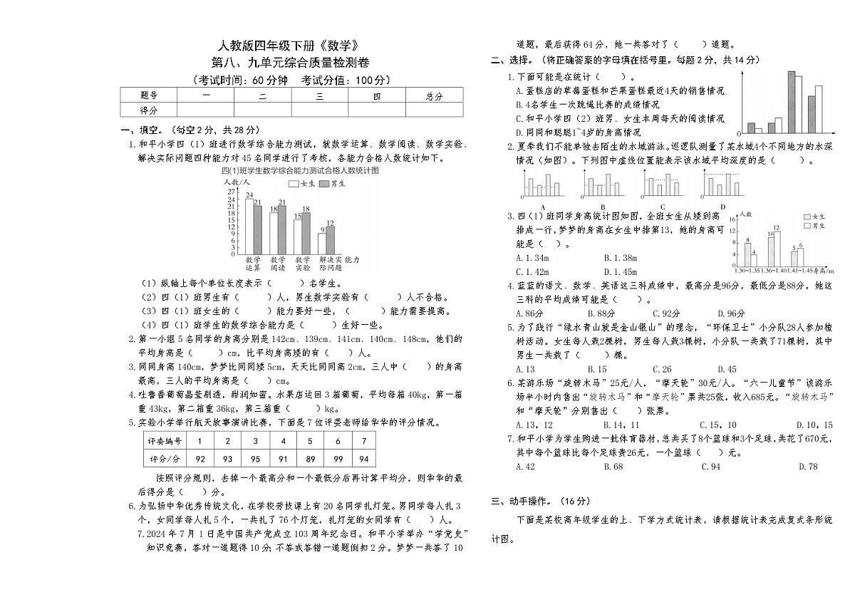 人教版四年级下册《数学》第八、九单元综合质量检测卷【A3排版】第1页