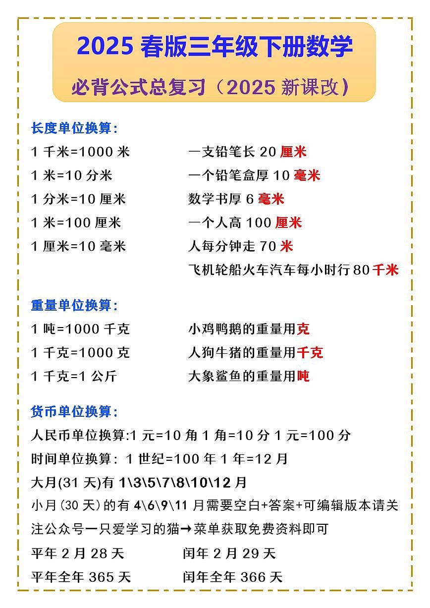 2025春新版三年级下册数学 必背公式总复习学案含答案第1页