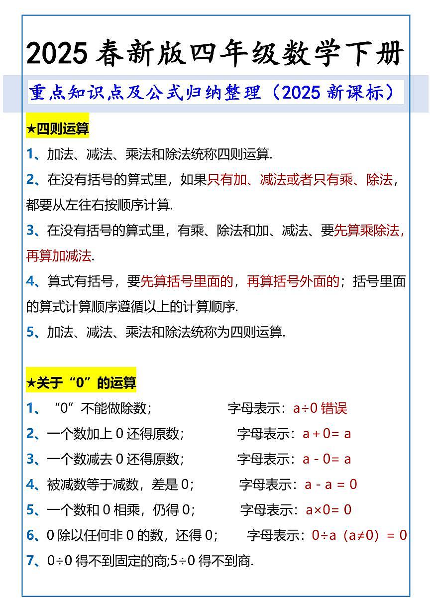 2025春新版四年级数学下册 重点知识点及公式含答案第1页