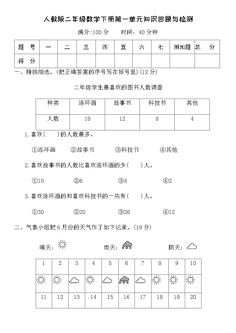 人教版二年级数学下册第一单元知识回顾与检测（含答案）第1页