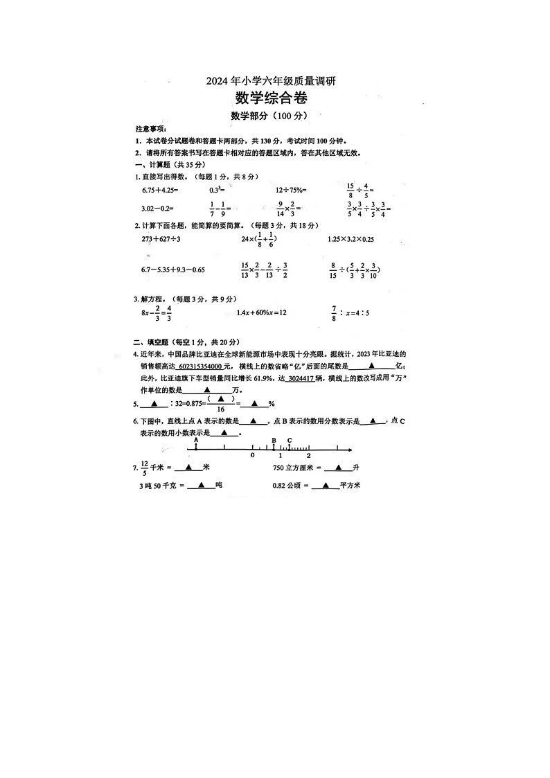 江苏省宿迁市沭阳县2023-2024学年六年级下学期数学期中试题（图片版无答案）第1页