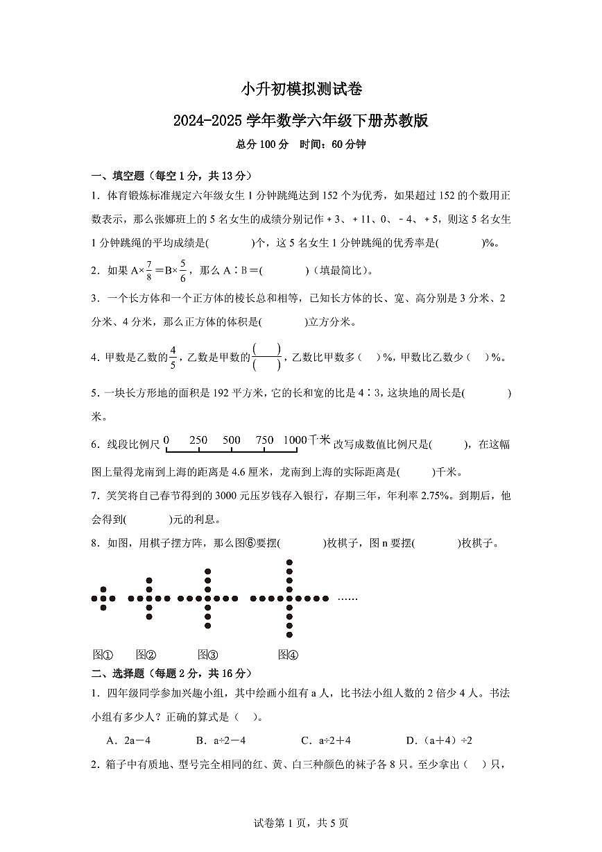 小升初模拟测试卷（试题含答案）-2024-2025学年六年级下册数学 苏教版第1页