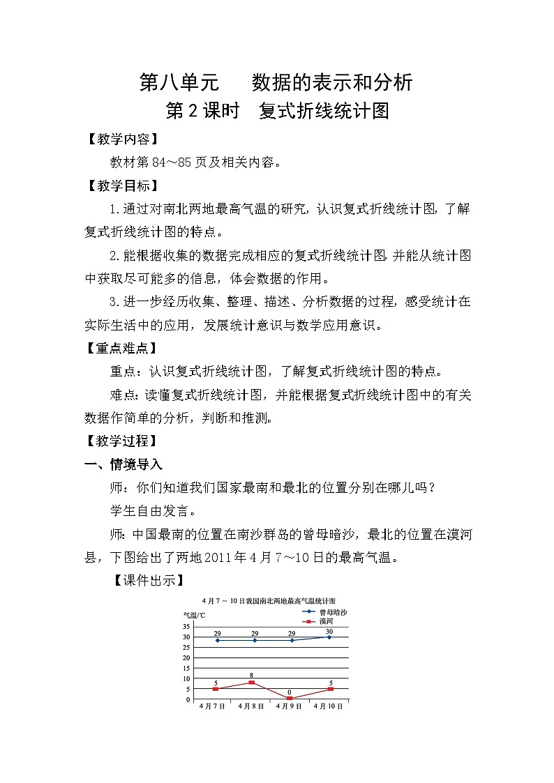 北师大版（2024）五年级数学下册第八单元数据的表示和分析第2课时复式折线统计图教案第1页