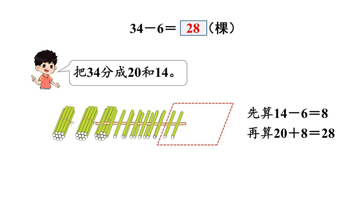 小学数学新冀教版一年级下册三100以内的数与加减法第14课时 两位数减一位数（退位）教学课件2025春第6页