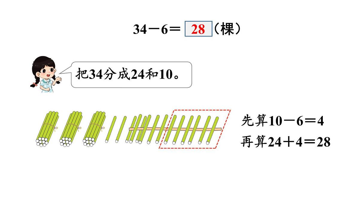 小学数学新冀教版一年级下册三100以内的数与加减法第14课时 两位数减一位数（退位）教学课件2025春第7页