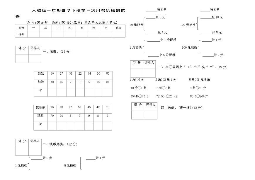 人教版一年级数学下册第三次月考达标测试卷第1页