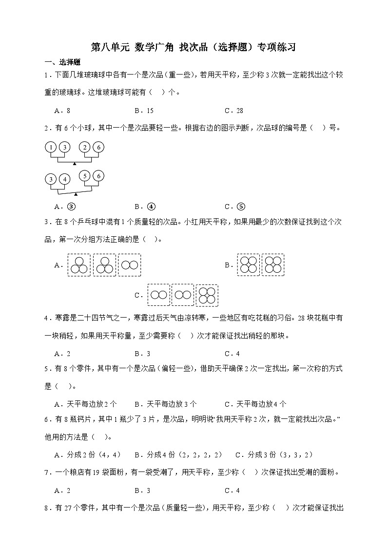 人教版五年级下册数学第八单元数学广角-找次品（选择题）专项练习（含答案）第1页