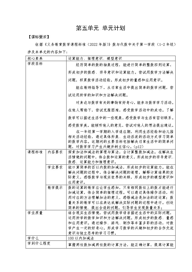 第5单元100 以内的加减法-教学设计-2024-2025年度青岛版数学一下第1页