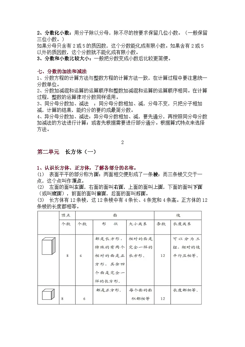 北师大版五年级（下册）数学期中知识点归纳第2页