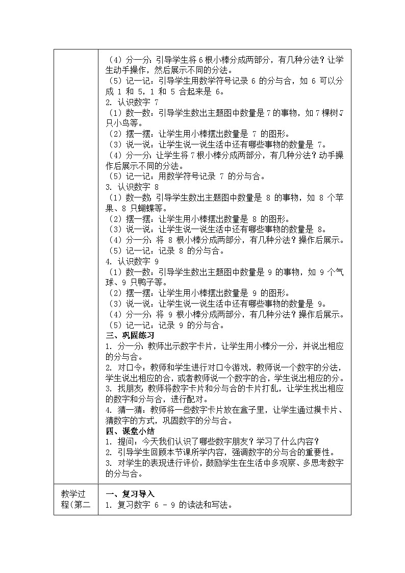 《6~9的认识  分与合》（教案）-数学一年级上册人教版（2024）第2页