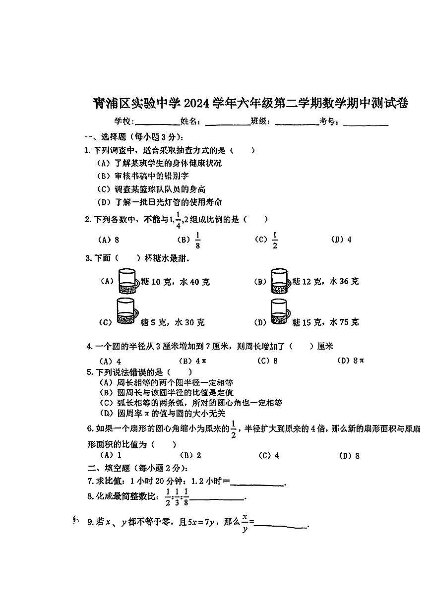 上海市青浦区实验中学2024学年六年级第二学期数学期中试卷第1页