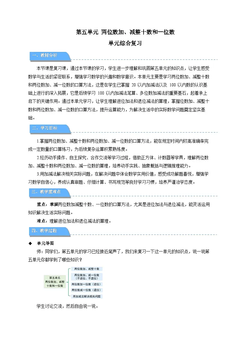 第五单元《两位数加、减整十数和一位数》单元综合复习教案 小学数学苏教版（2024）一年级下册第1页