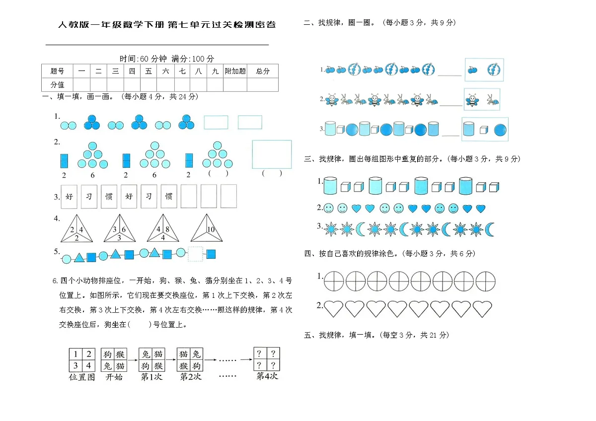人教版一年级数学下册第七单元过关检测密卷（含答案）第1页