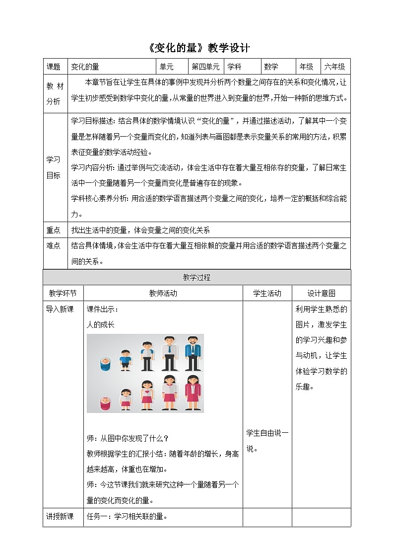 北师大版六下4.1《变化的量》（教案）第1页