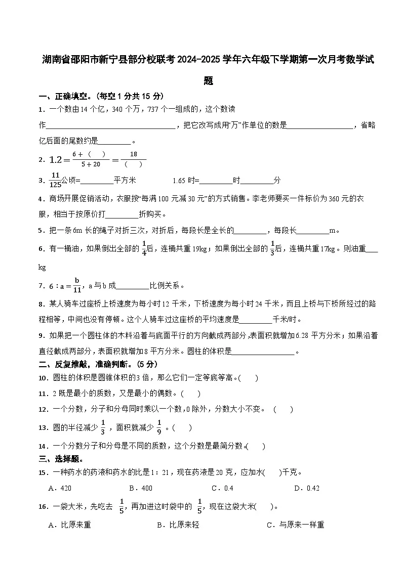 湖南省邵阳市新宁县部分校联考2024-2025学年六年级下学期第一次月考数学试题第1页