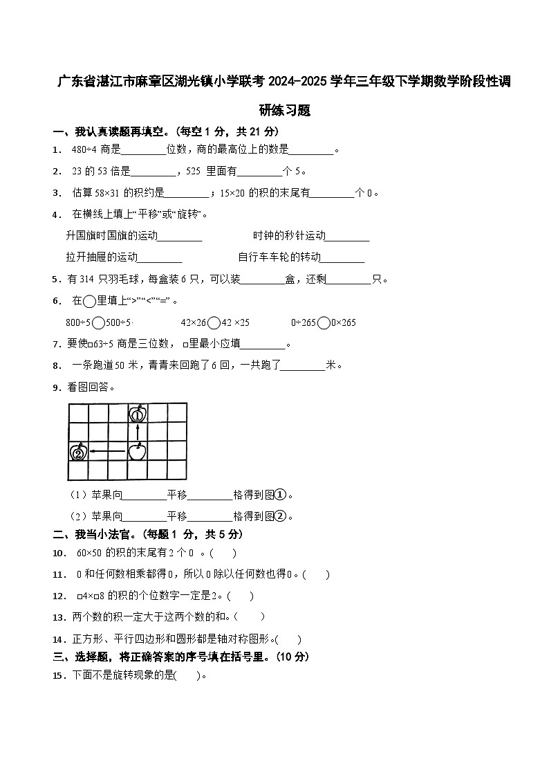 广东省湛江市麻章区湖光镇小学联考2024-2025学年三年级下学期数学阶段性调研练习题第1页