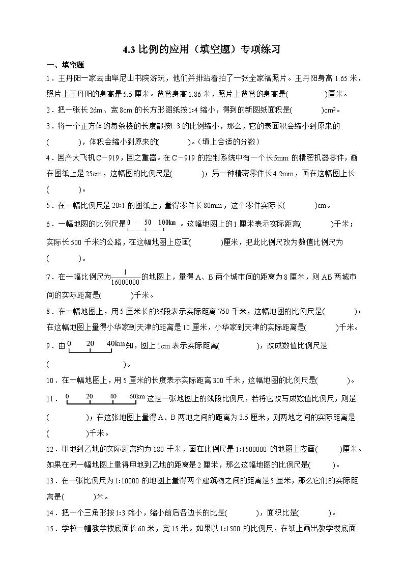 人教版六年级数学下册4.3 比例的应用（填空题）专项练习第1页