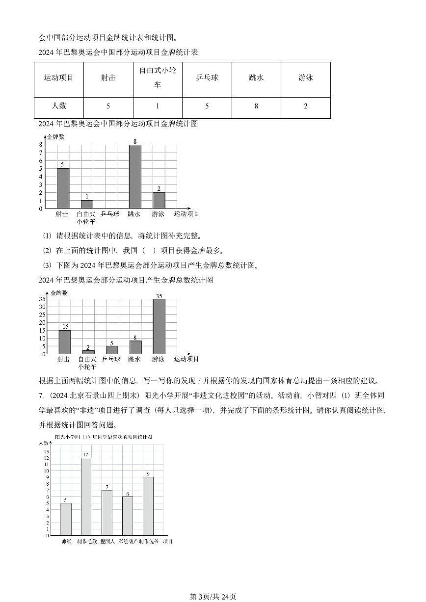 2021—2025北京四年级（上）期末真题数学汇编：条形统计图第3页