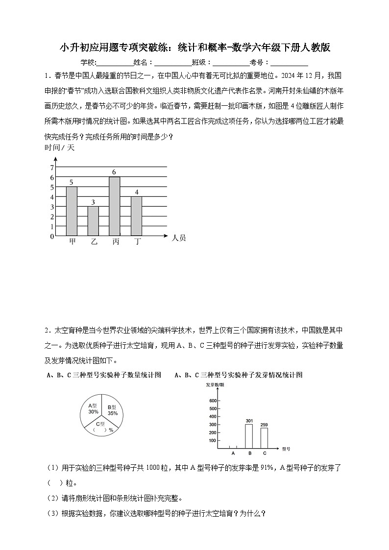 小升初应用题专项突破练：统计和概率（含解析）-数学六年级下册人教版第1页