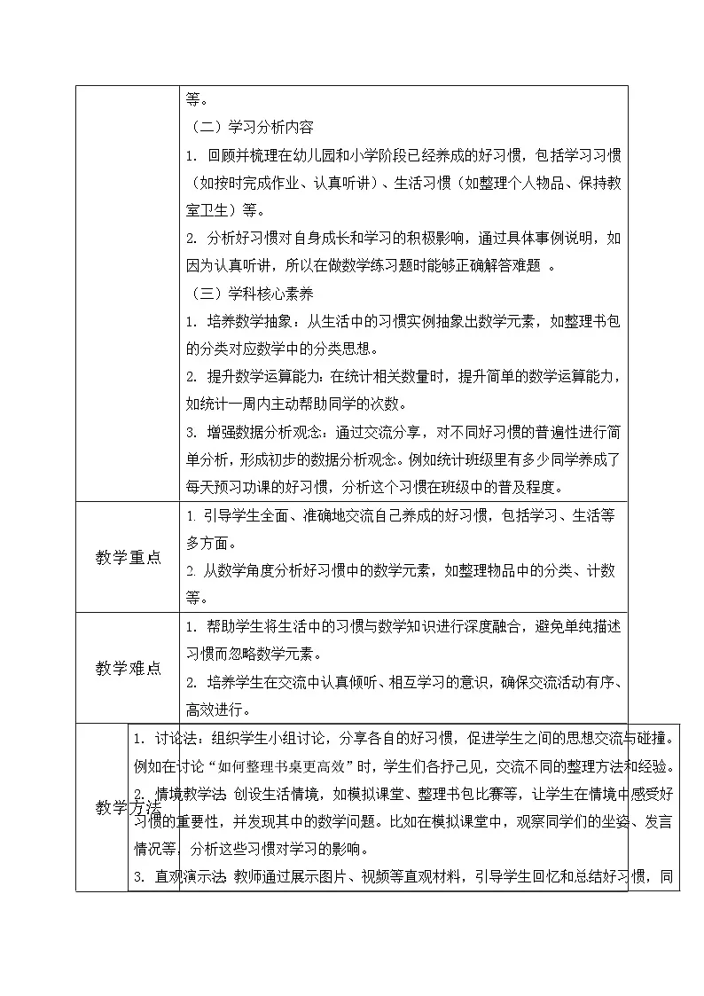 西师大版一年级上册 数学.4《活动四：交流养成的好习惯》教学设计第2页