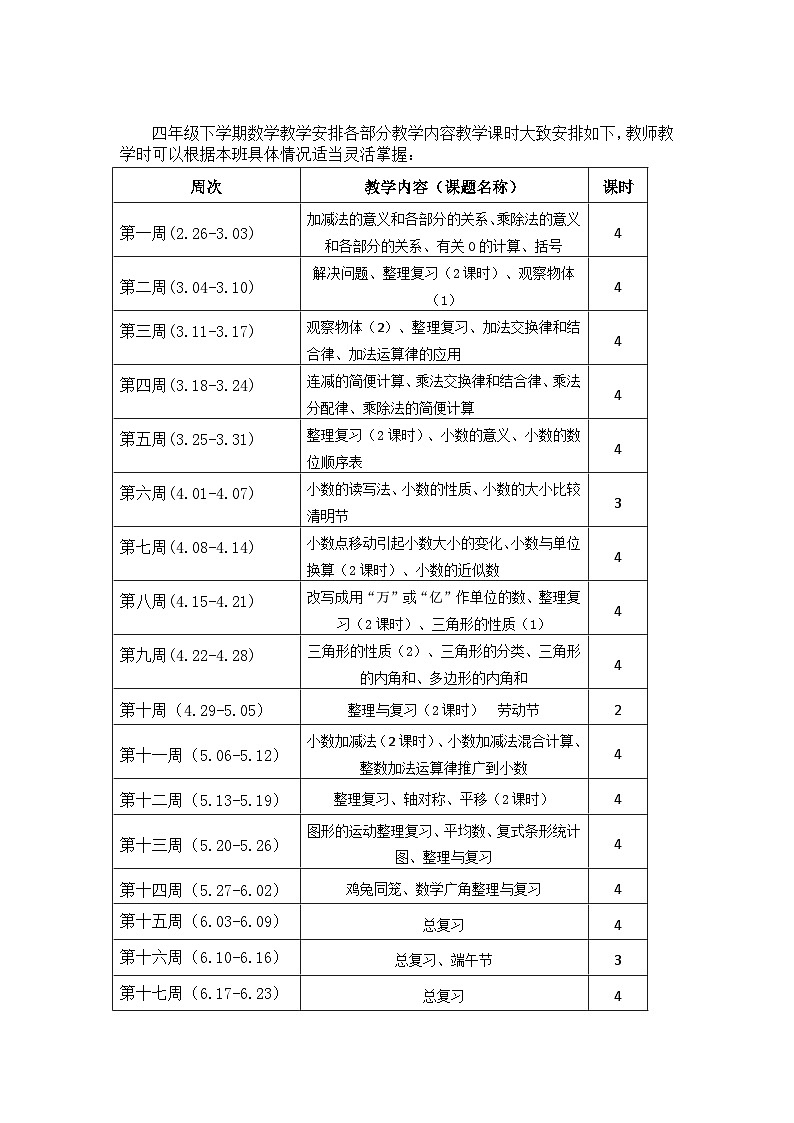 人教版四年级下册数学全册教案含教学计划、教学进度表第3页