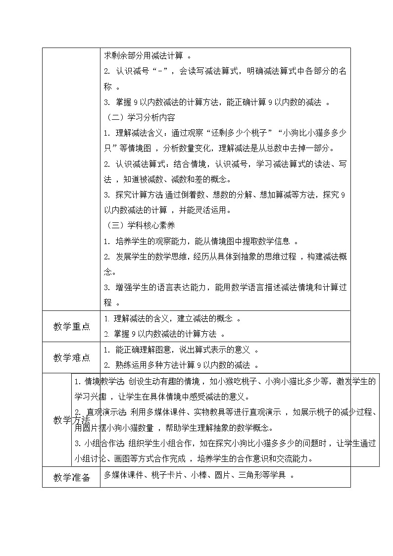 西师大版一年级上册数学第二单元1《认识减法~还剩多少个桃子？》教学设计第2页
