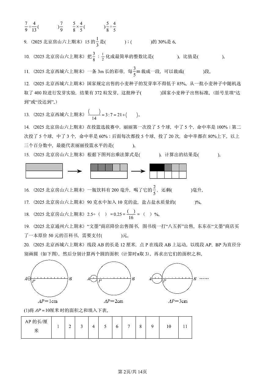 2025北京六年级（上）期末真题数学汇编：填空题（人教版）第2页