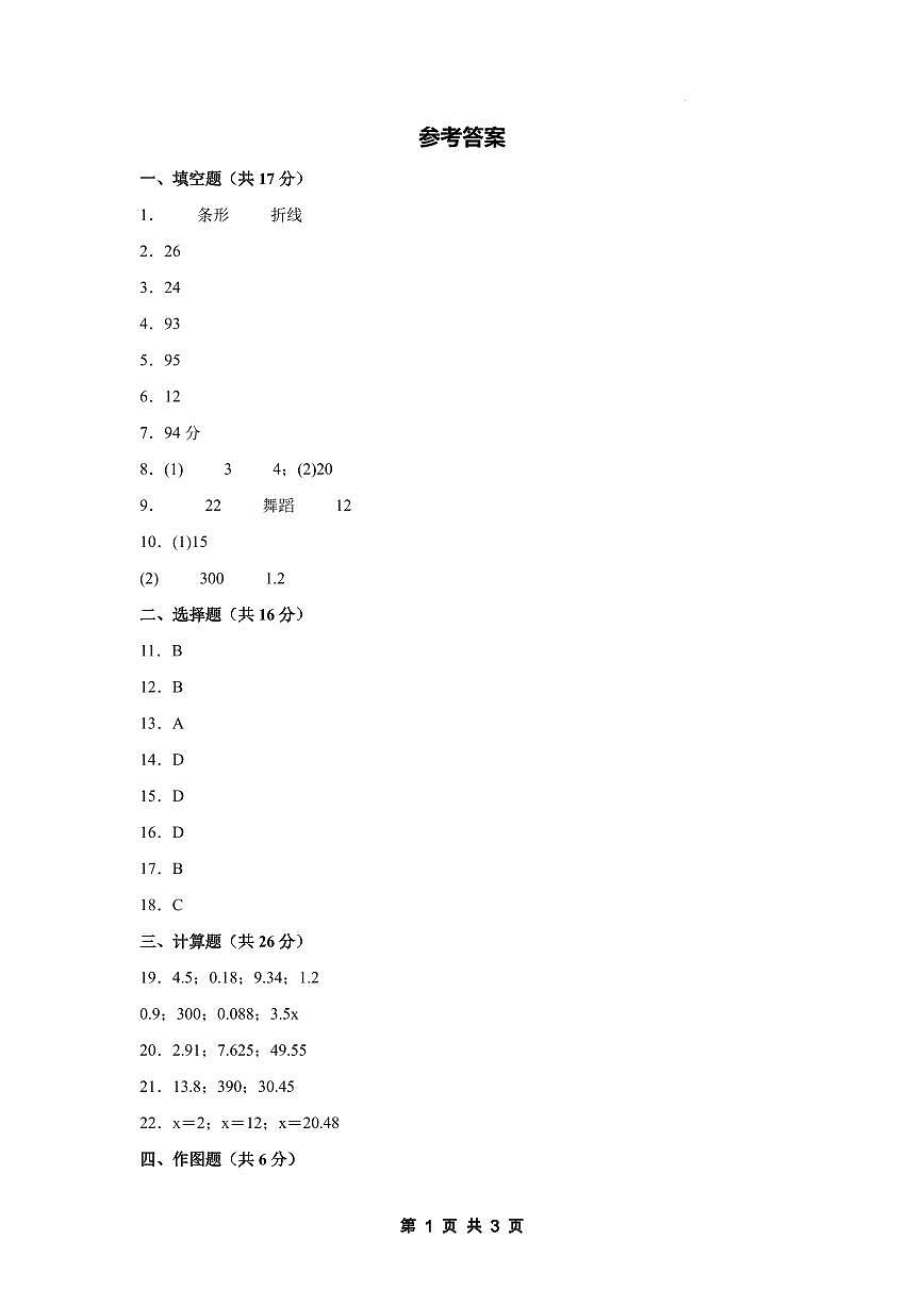 【参考答案】第六单元 数据的表示和分析素养测评卷【提高卷】-2024-2025学年四年级数学下册（答案卷）北师大版第1页