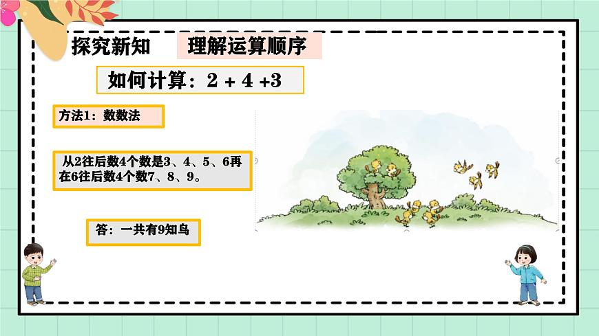 西师大版一年级上册数学第二单元《连加连减与混合运算》1《一共有多少只鸟？》第6页